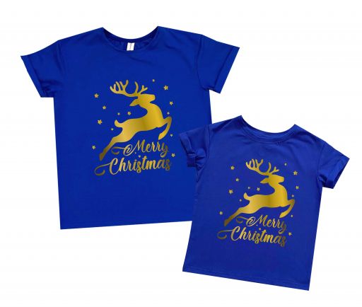 Новогодние наборы футболок Family look "Merry Christmas олень в прыжке"