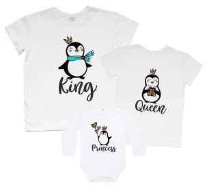 3 футболки Family look с принтами "Пингвины с коронами"