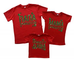 Набор футболок Family look для принцессы и ее родителей (зеленый глитер)