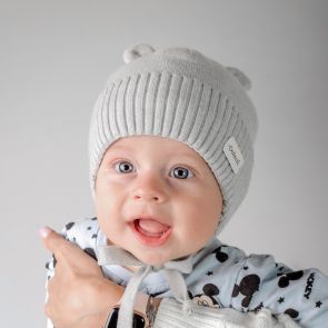 Детская зимняя шапка с ушками шерсть мериноса (серая)
