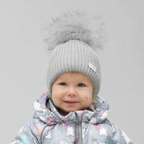 Зимняя детская шапка с помпоном шерсть мериноса (серая)
