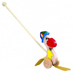 Деревянная каталка с длинной ручкой (пеликан в шляпе)