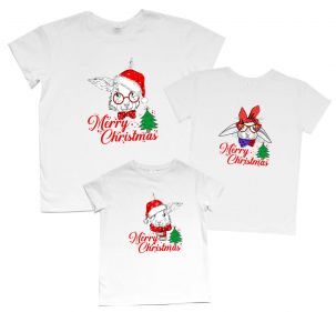 Family look набор футболок с надписью "Merry Christmas" (зайцы)