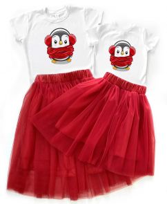 Комплект футболок с юбками Family look "Пингвины в шарфиках"