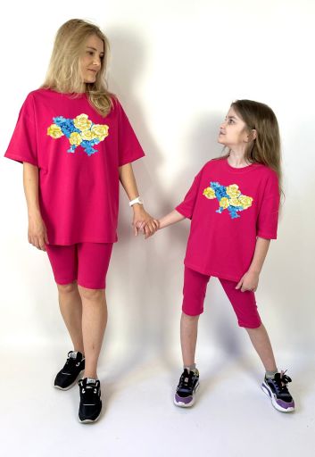 Комплект oversize для мами та доньки футболка + велосипедки "Україна карта квіти"