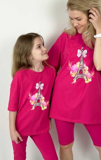 Комплект oversize для мамы и дочки футболка + велосипедки "Эйфелева башня"