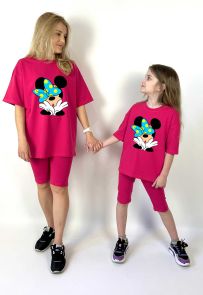 Комплект oversize для мамы и дочки футболка + велосипедки "Минни удивлённая"