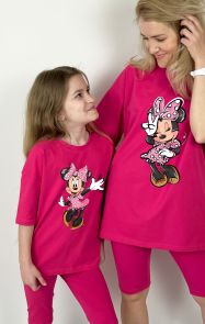 Комплект oversize для мамы и дочки футболка + велосипедки "Minnie Mouse"