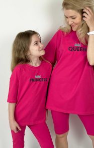 Комплект oversize для мамы и дочки футболка + велосипедки "Queen&Princess" (глитер)