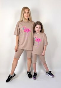 Комплект oversize для мамы и дочки футболка + велосипедки "Розовые фламинго"
