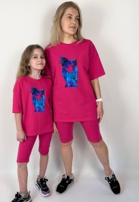 Комплект oversize для мамы и дочки футболка + велосипедки "Силуэт акварель" 