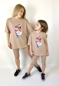 Комплект oversize для мамы и дочки футболка с принтом + велосипедки