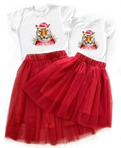 Комплект семейных футболок + юбки "Тигры в шапках"