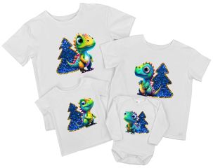 Набор новогодних семейных футболок "Драконы с блестящими ёлками"