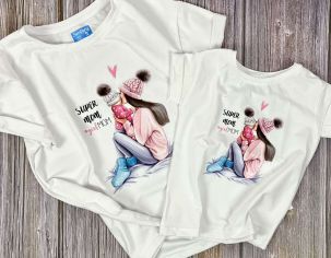 Парный набор футболок Family look мама + дочка "Super MOM & #girlmom"