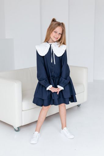 Школьное платье для девочек с воротником стойка (синий)