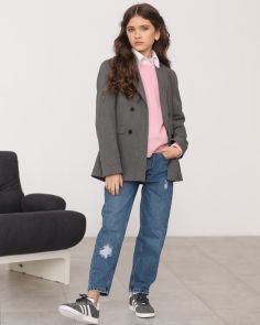Школьный двубортный пиджак для девочки (серый)